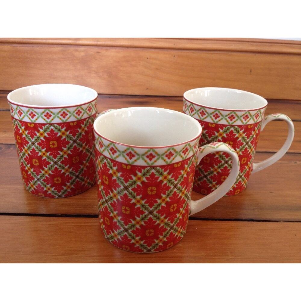 Set of 3 Red Floral Holiday Christmas Style Harry & David Porcelain Coffee Mugs